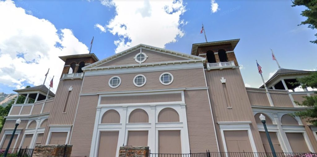 Large building with flags on top