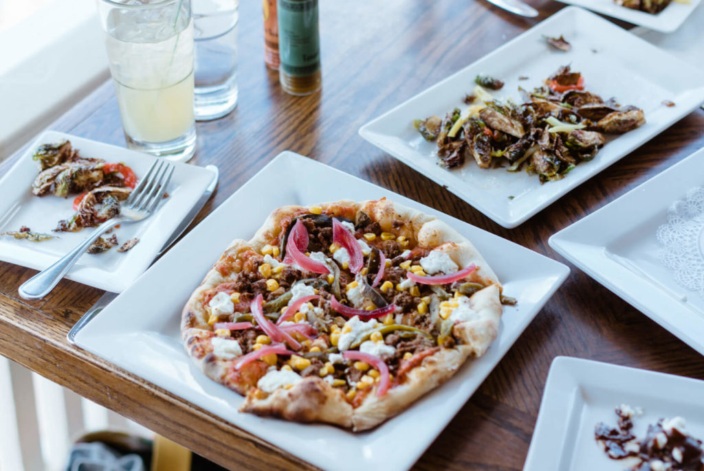 pizza and roasted brussels sprouts